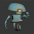Blue And Orange Robot Character With Mushroom Shaped Helmet Circular Eye Hexagonal Texture And Wheel Base
