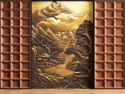 Background Wall With Mountain Landscape Relief And Brown Geometric Panels 3d model