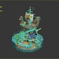 Cartoon Pirate Ship Model With Red Hull Skull Flag And Figure On Blue Wave Base