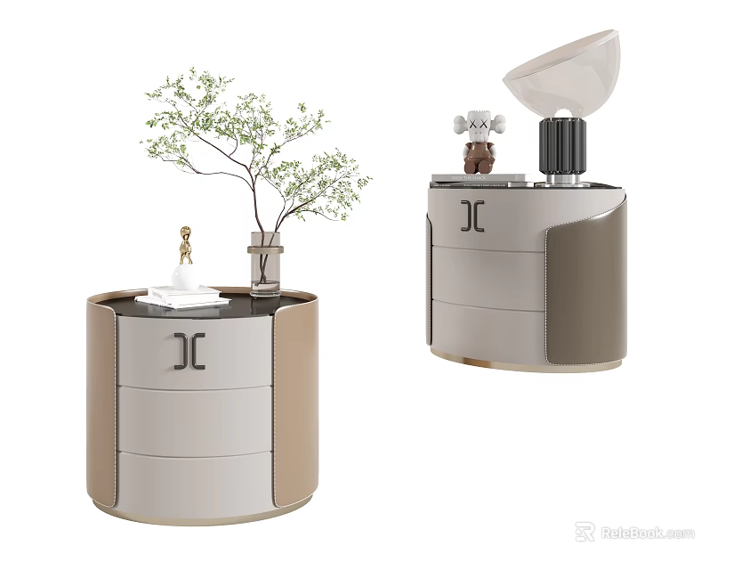 Modern Round Bedside Table With Taupe Brown Drawers Green Plant And Table Lamp 3d model 