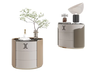 Modern Round Bedside Table With Taupe Brown Drawers Green Plant And Table Lamp 3d model