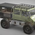Green Off Road Utility Vehicle with Large Tires Roof Rack and Open Cargo Bed