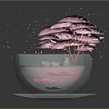 Decorative Ornament Set with Transparent Glass Bowl Pink Blossom Tree and Small Decorations on Tray