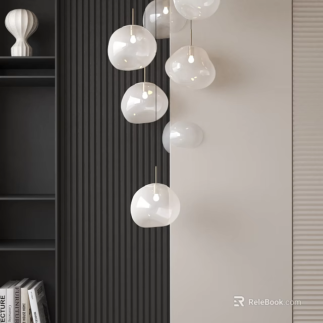 Modern White Spherical Pendant Lights Hanging In Interior With Dark Vertical Striped And Light Colored Walls 3d model 