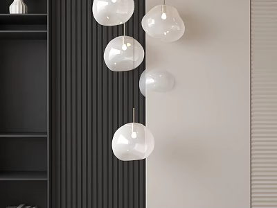 Modern White Spherical Pendant Lights Hanging In Interior With Dark Vertical Striped And Light Colored Walls 3d model