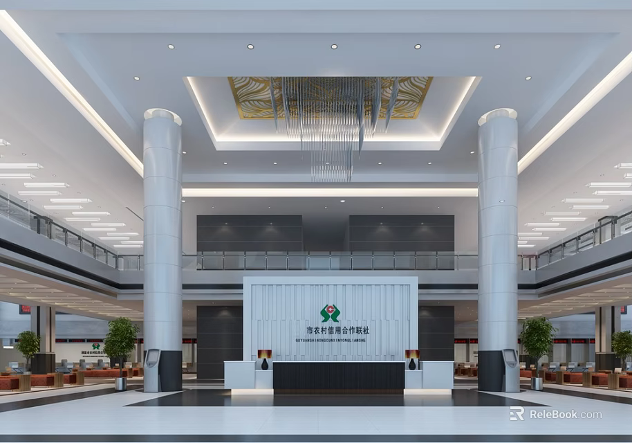 Modern Service Hall Interior With High Ceiling Chandelier White Pillars Reception Desk And Green Plants 3d model 