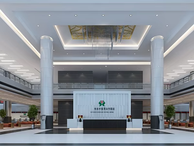 Modern Service Hall Interior With High Ceiling Chandelier White Pillars Reception Desk And Green Plants 3d model