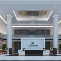Modern Service Hall Interior With High Ceiling Chandelier White Pillars Reception Desk And Green Plants