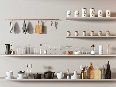 Organized Kitchen Shelves Display With Various Kitchenware Jars Cups And Pots 3d model