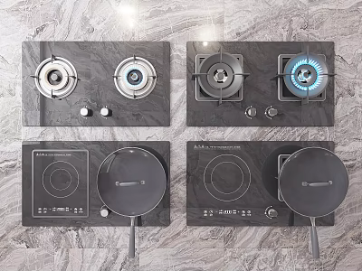 Modern Kitchen Appliances Gas Stoves and Induction Cooktops with Control Panels and Burners 3d model