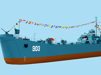 Military Ship Number 903 With Blue Brown Hull And Colored Flags 3d model Military Ship Number 903 With Blue Brown Hull And Colored Flags 3d model