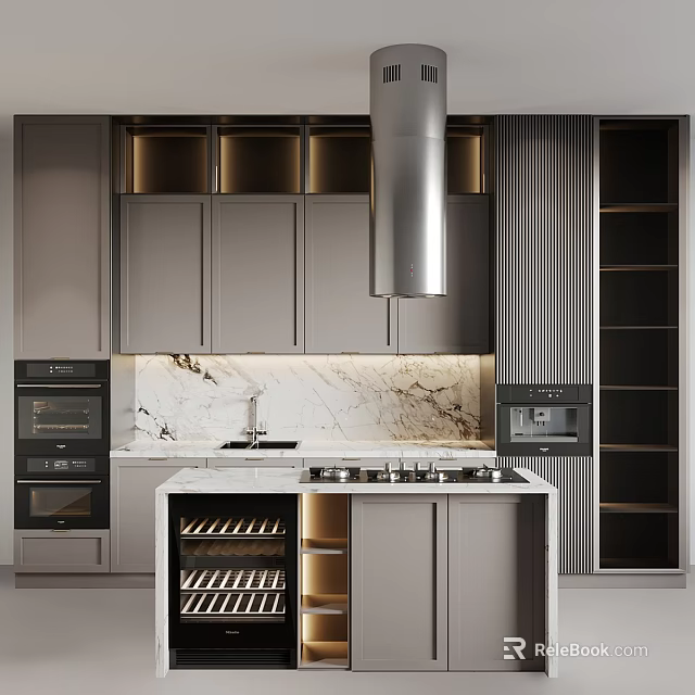 Modern Kitchen Interior With Gray Cabinets Marble Countertop Wine Rack And Stainless Steel Range Hood 3d model 