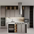 Modern Kitchen Interior With Gray Cabinets Marble Countertop Wine Rack And Stainless Steel Range Hood