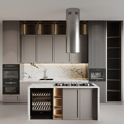 Modern Kitchen Interior With Gray Cabinets Marble Countertop Wine Rack And Stainless Steel Range Hood 3d model