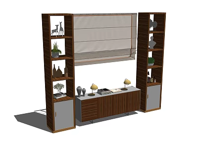 Wooden Decorative Cabinet With Open Shelves Closed Cabinets Countertop Table Lamps And Decorations 3d model
