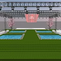 Outdoor Venue With Green Lawn Blue Pools Red Structures Pink Flowering Trees And White Fences