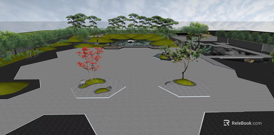 Garden Landscape Design With Grey Brick Pavement Hexagonal Beds Red Maple And Pine Trees 3d model