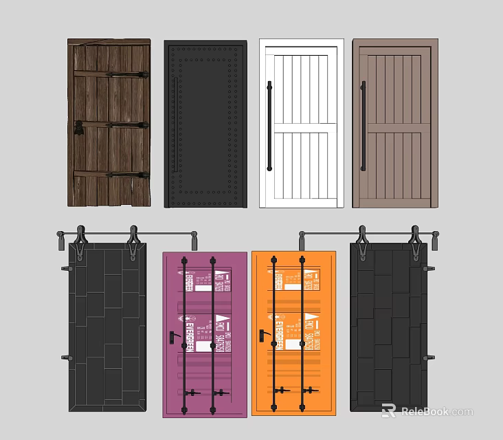 Various Colored Barn Doors With Sliding Hardware And Wooden Metal Panels 3d model 