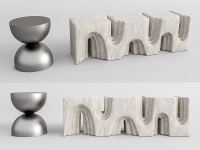 Modern Silver Metal Spinning Top Stool And White Arched Structure Stools 3d model
