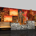 Autumn Themed Wall With Red Maple Leaves Display Boards Stone Walls And Wooden Benches