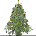 Christmas Tree Decorative Ornament Set With Green Branches Yellow Star White Ribbon Silver Yellow Balls