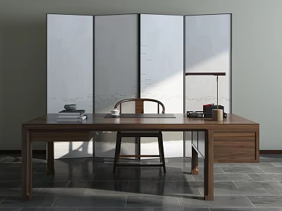 Traditional Wooden Desk With Chinese Screen Chair Books Teacup And Lamp 3d model