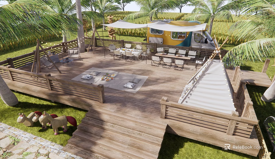 Scenic Wooden Deck With Palm Trees Camper Van Ponies Tables Chairs And Grass Surroundings 3d model 