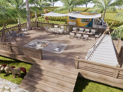 Scenic Wooden Deck With Palm Trees Camper Van Ponies Tables Chairs And Grass Surroundings 3d model