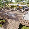 Scenic Wooden Deck With Palm Trees Camper Van Ponies Tables Chairs And Grass Surroundings