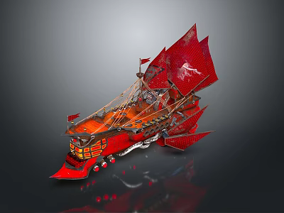 Red Decorative Ship Model With Red Sails Flags And Ornate Hull Design 3d model