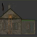 Wooden House With Green Metal Roof Blue Extended Roof Ladder Chimney Satellite Dish Boarded Windows
