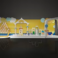 Colorful Children's Party Decoration With Yellow Background Balloons And Stage Setup