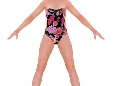 Woman In Black Floral Swimsuit Standing With Arms Outstretched And Legs Apart 3d model