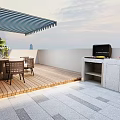 Luxury Villa Balcony Design With Wooden Deck Awning And Outdoor Dining Set