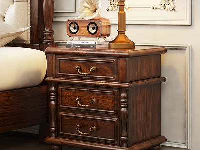 Classic Wooden Nightstand With Three Drawers Brass Handles Gold Lamp Decor By Ornate White Wall 3d model
