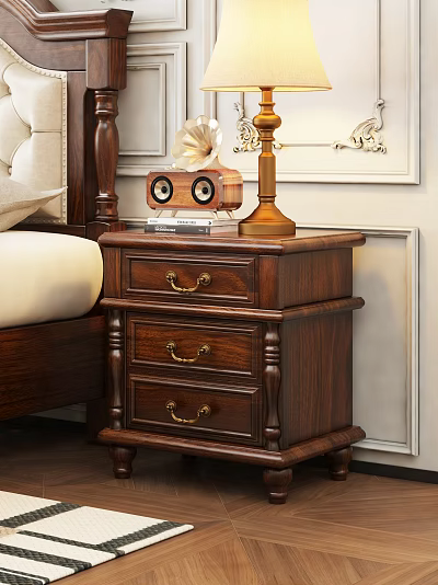 Classic Wooden Nightstand With Three Drawers Brass Handles Gold Lamp Decor By Ornate White Wall 3d model