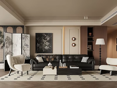 Elegant Modern Living Room Interior With Black Leather Sofa White Armchairs And Herringbone Rug 3d model