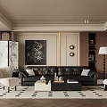 Elegant Modern Living Room Interior With Black Leather Sofa White Armchairs And Herringbone Rug