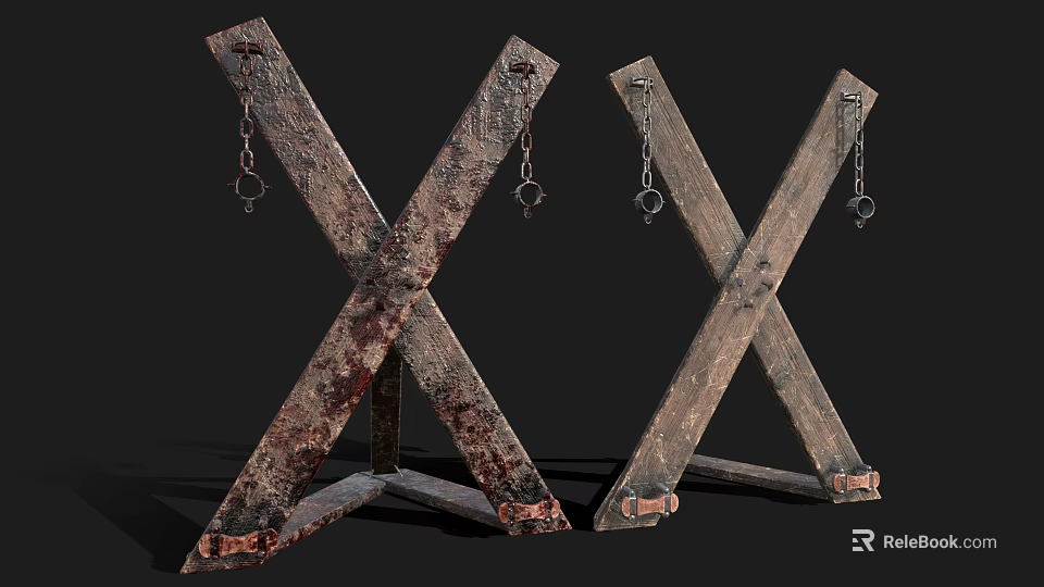Old Vintage Industrial Equipment Featuring Crossed Wooden Structures Metal Chains Clasps And Rusted Worn Surface 3d model 