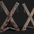 Old Vintage Industrial Equipment Featuring Crossed Wooden Structures Metal Chains Clasps And Rusted Worn Surface
