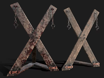Old Vintage Industrial Equipment Featuring Crossed Wooden Structures Metal Chains Clasps And Rusted Worn Surface 3d model