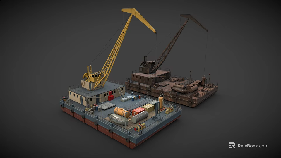 Two Industrial Ships With Yellow And Rustic Cranes On Deck And Machinery 3d model 