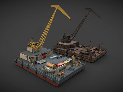 Two Industrial Ships With Yellow And Rustic Cranes On Deck And Machinery 3d model