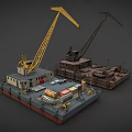 Two Industrial Ships With Yellow And Rustic Cranes On Deck And Machinery