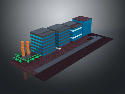 Cartoon Scene With Blue Multi Story Buildings Gray Roofs Orange Towers And Green Plants 3d model