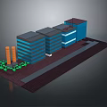 Cartoon Scene With Blue Multi Story Buildings Gray Roofs Orange Towers And Green Plants