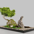 Rockery Stones Decorative Setup With Green Tree Small Pebbles And Plants In Black Tray