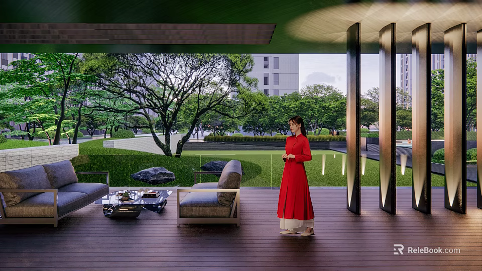 Modern Garden Landscape Design With Green Lawn Trees Stones And Sofa Coffee Table 3d model 