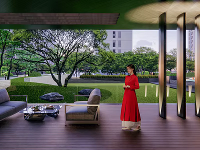 Modern Garden Landscape Design With Green Lawn Trees Stones And Sofa Coffee Table 3d model