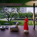 Modern Garden Landscape Design With Green Lawn Trees Stones And Sofa Coffee Table